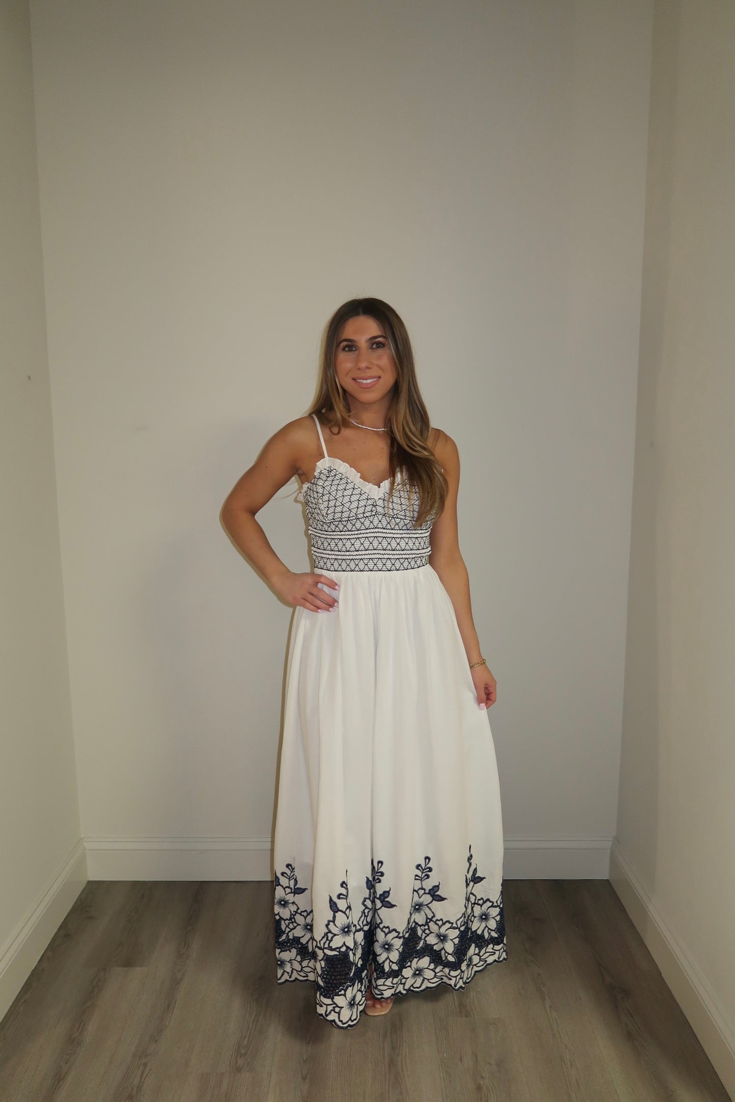 Floral Smocked Navy Midi Dress