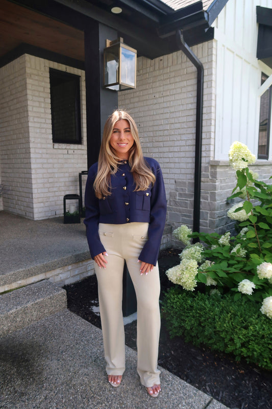Navy Scalloped Heart Button Sweater