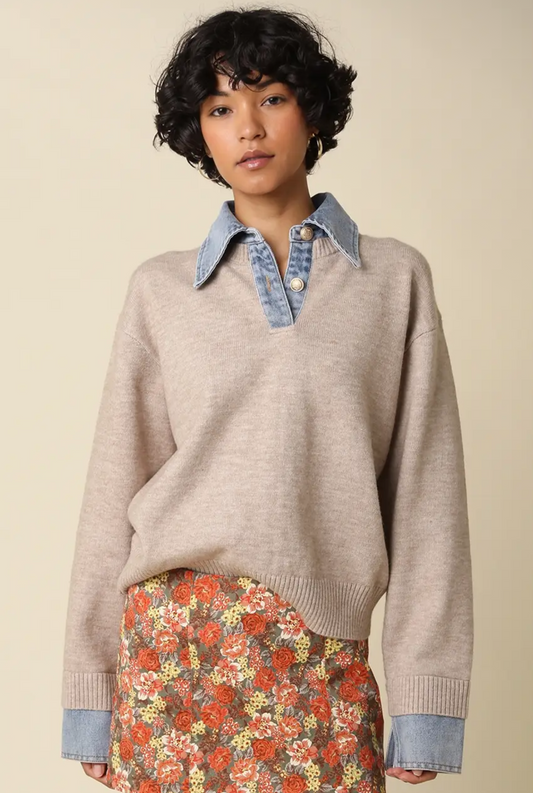 Emily Contrast Khaki Denim Top
