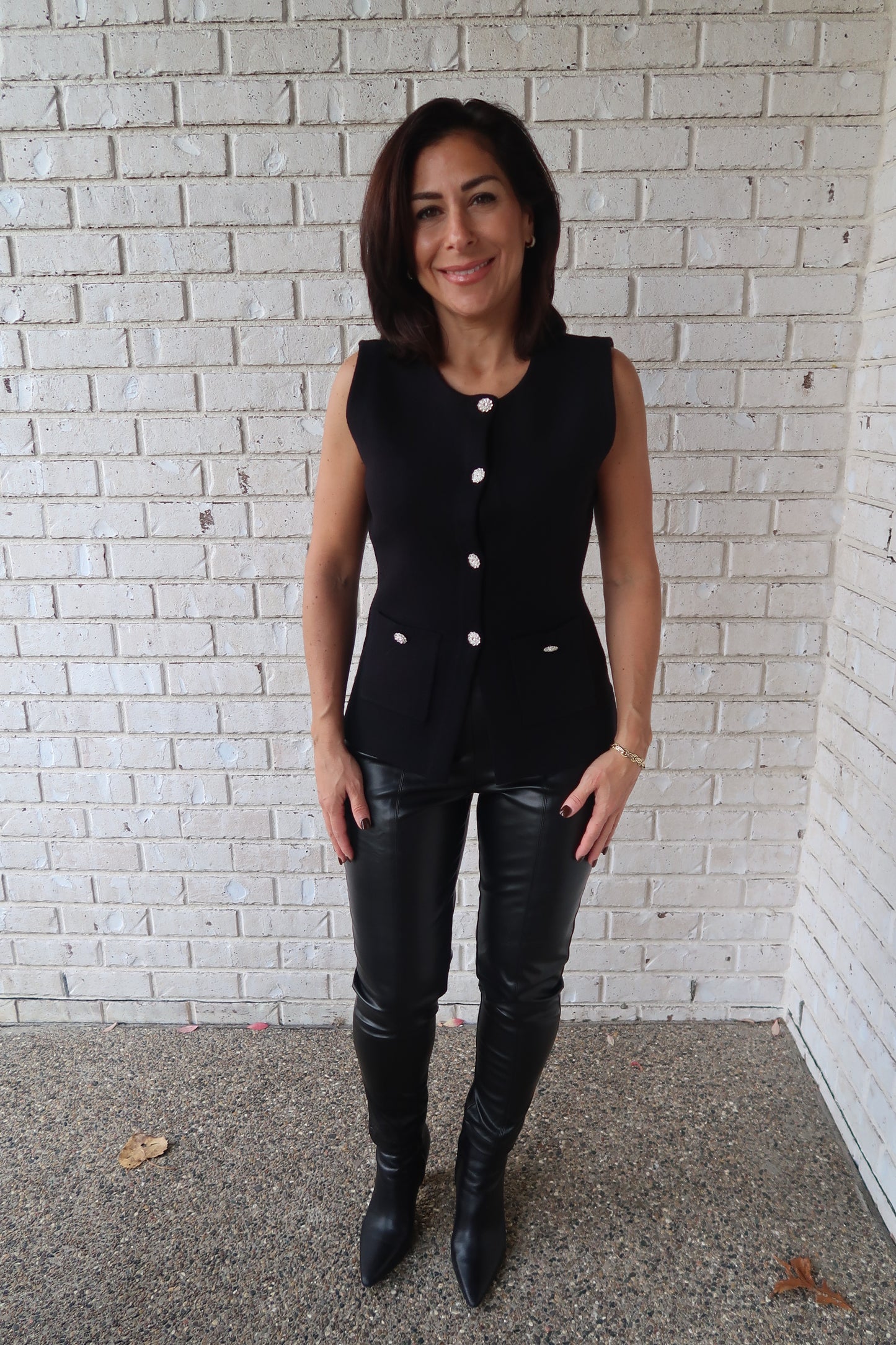 Crystal Button Sweater Vest - Black