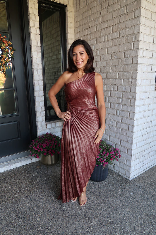 Sunset Gold Metallic Pleated Satin Dress