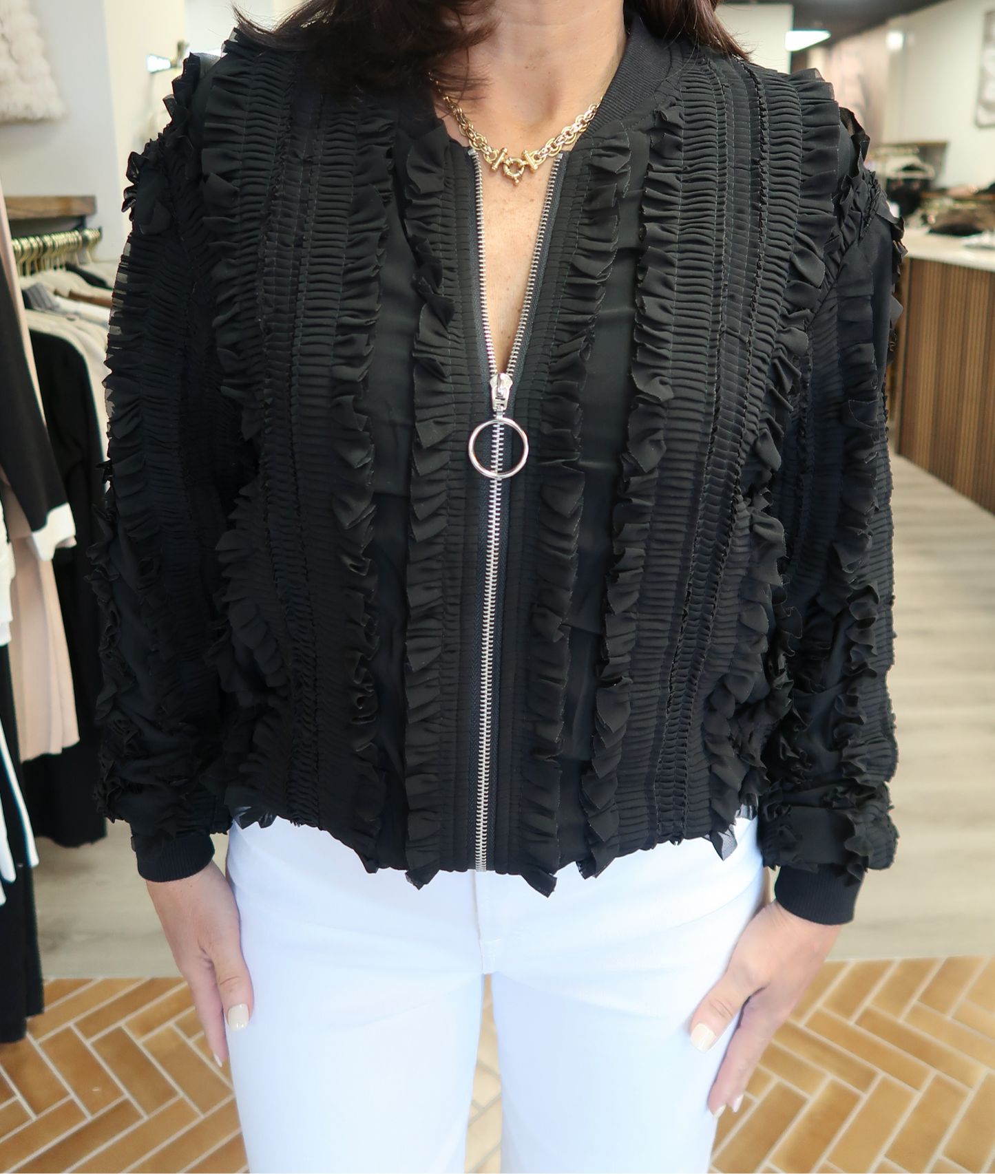 Black Laced Ruffle Bomber Jacket