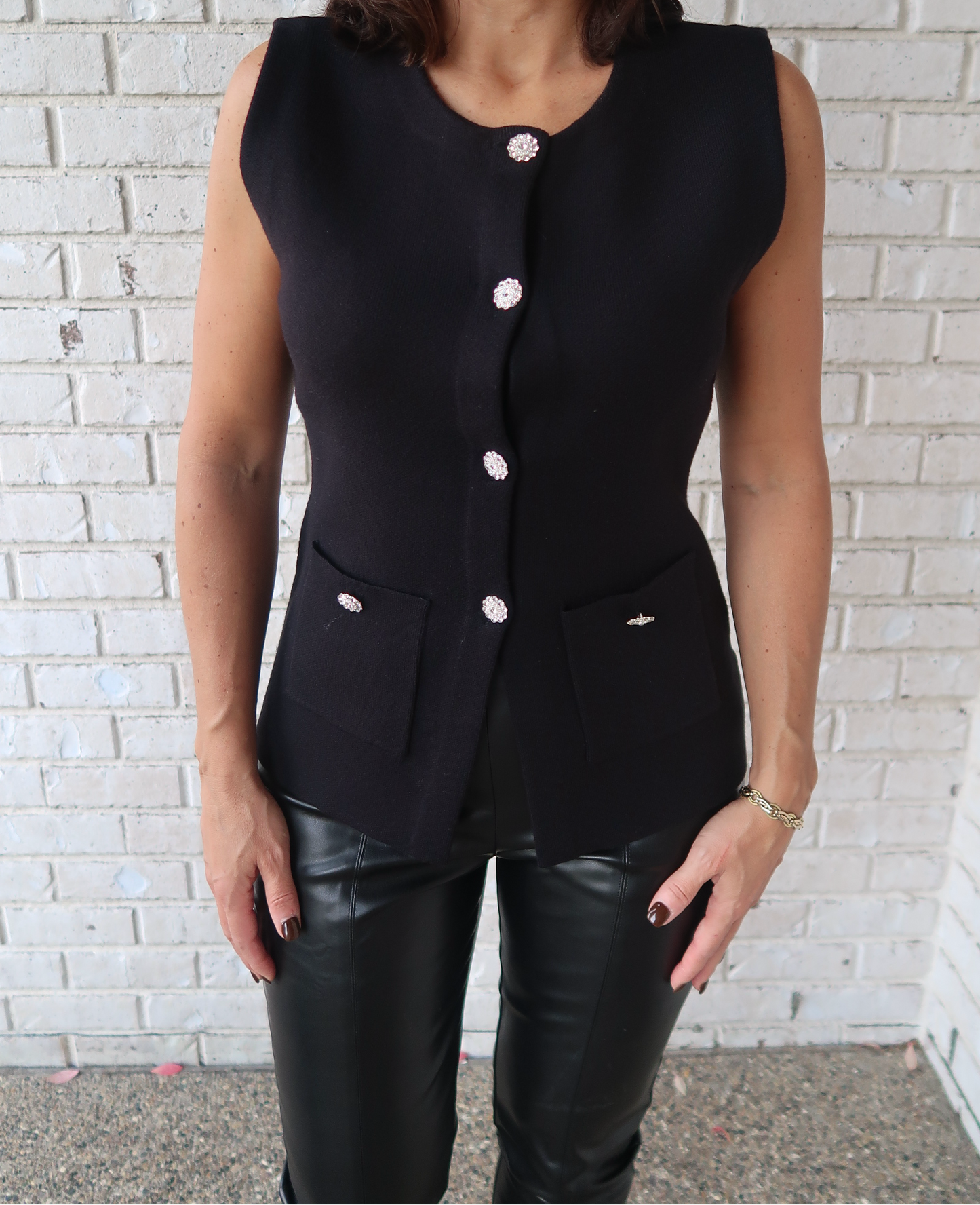 Crystal Button Sweater Vest - Black