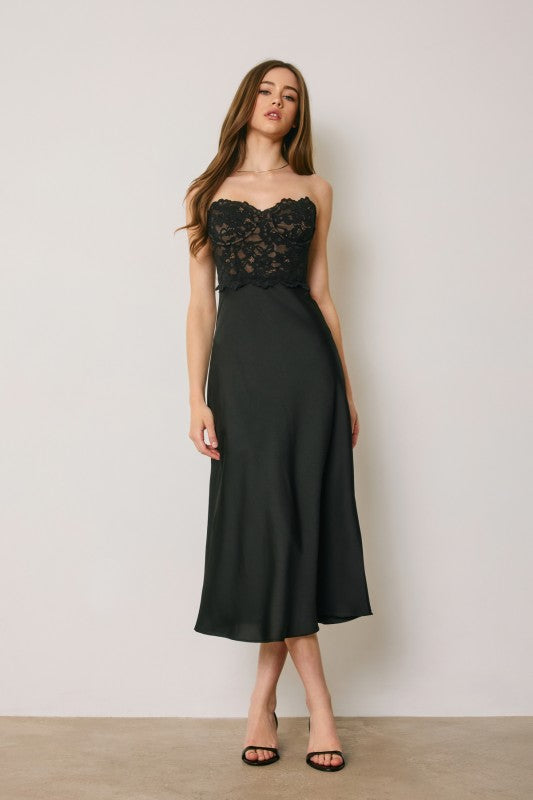 Black Lace Satin Corset Midi Dress