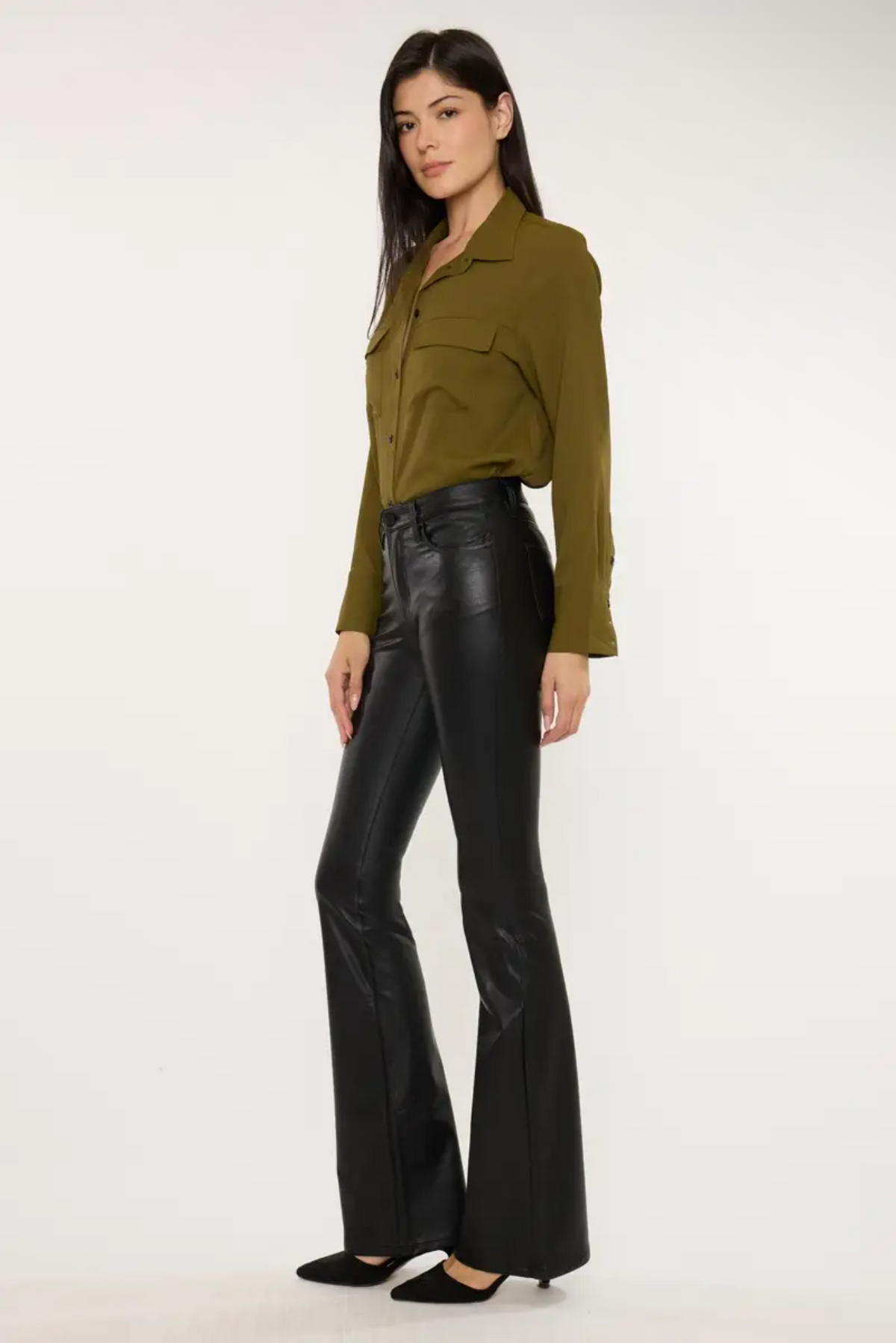 Vegan Leather Mid Rise Flare Pants