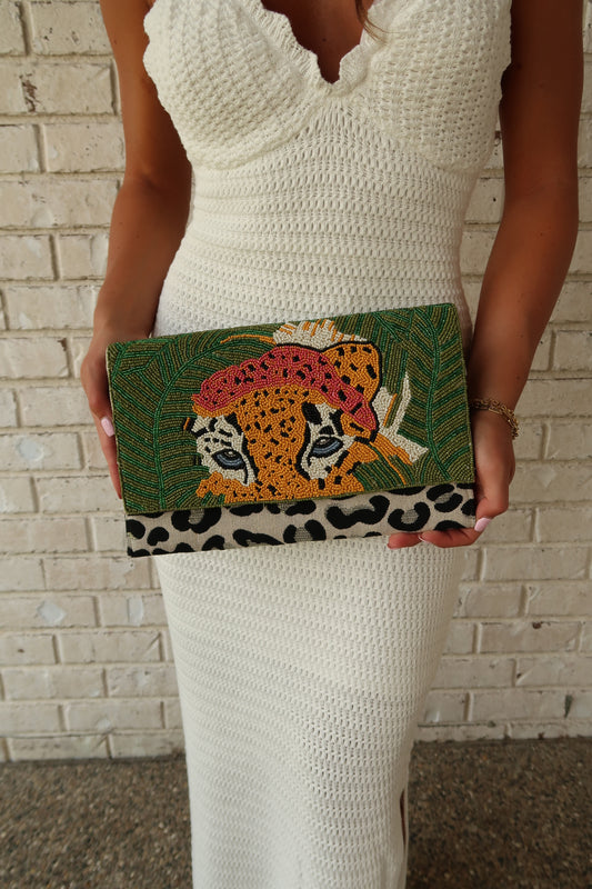 Beaded Leopard Print Clutch
