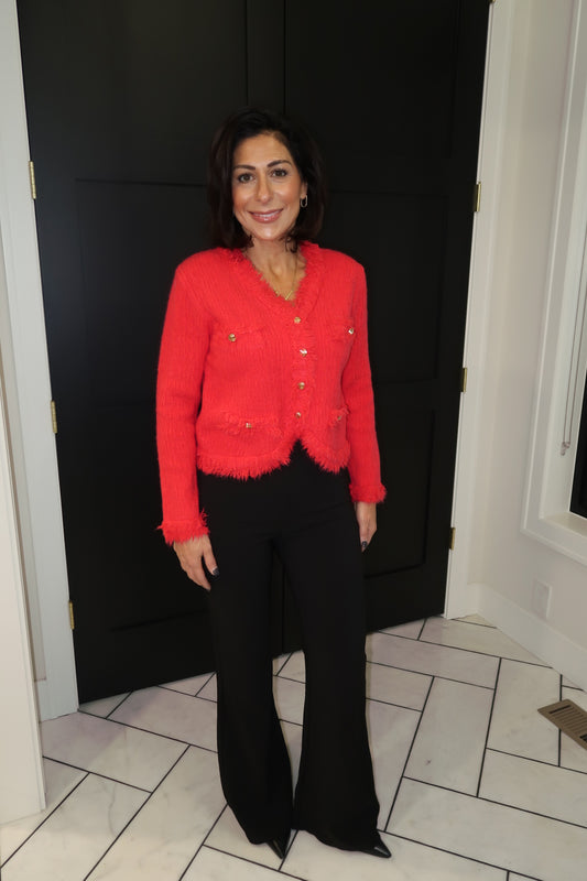 Red Frayed Trim Cardigan
