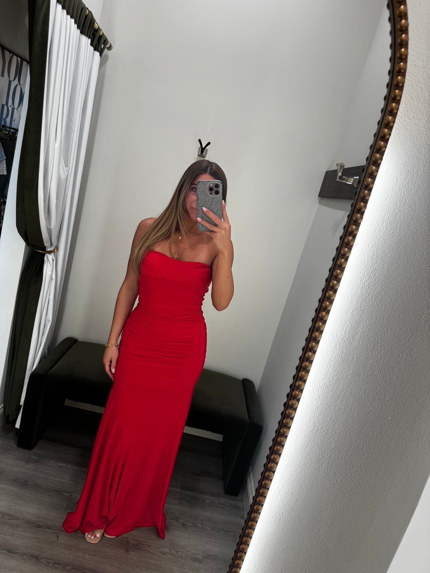 Red Ruched Midi Dress
