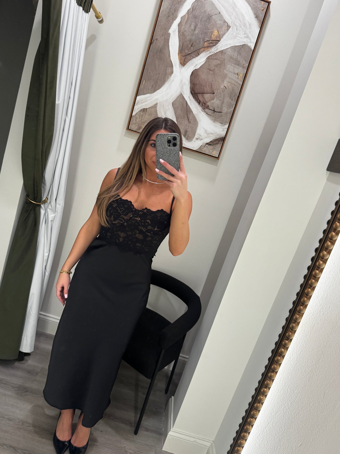 Black Lace Satin Corset Midi Dress