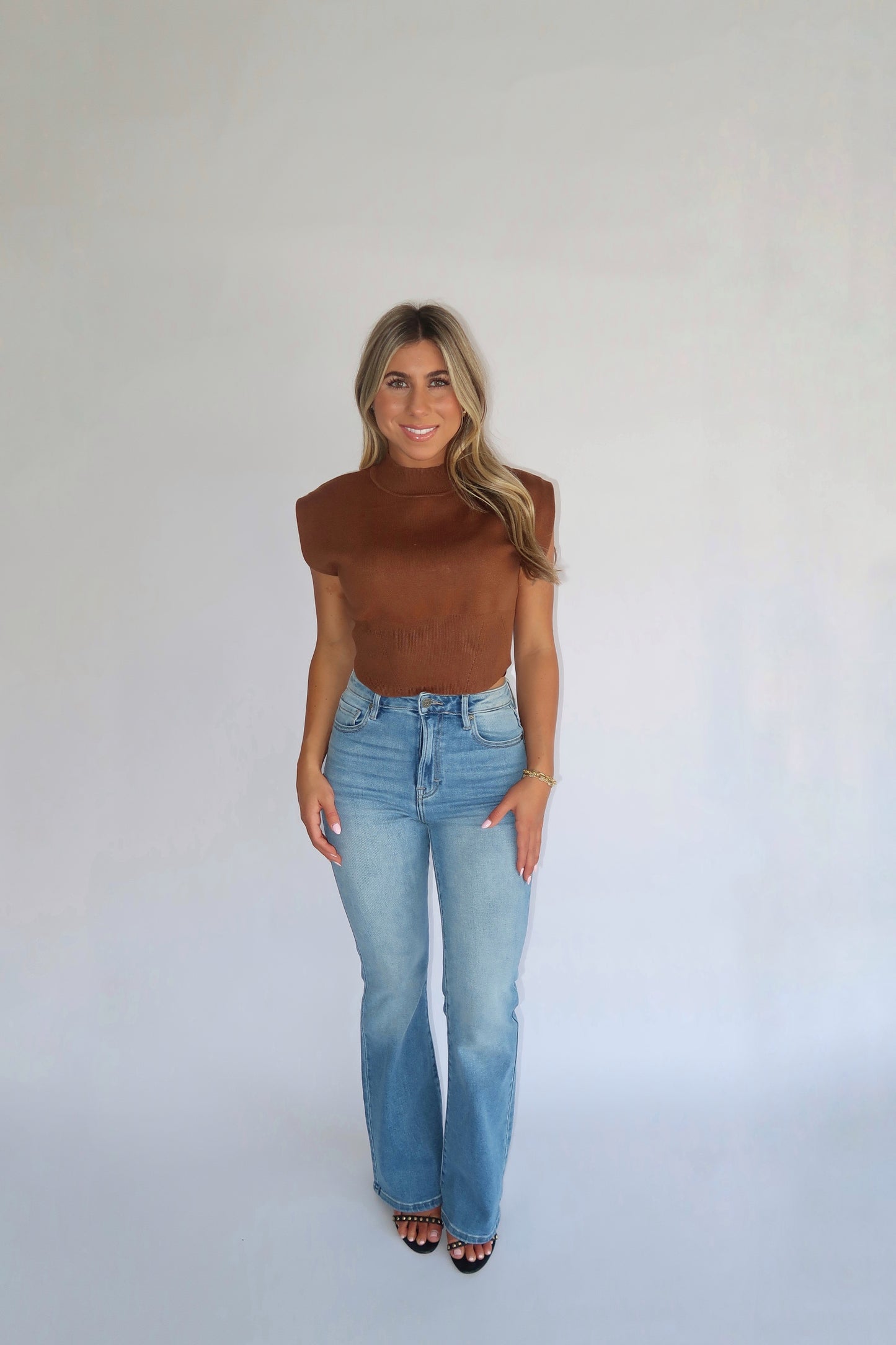 Mock Neck Sleeveless Top - Brown