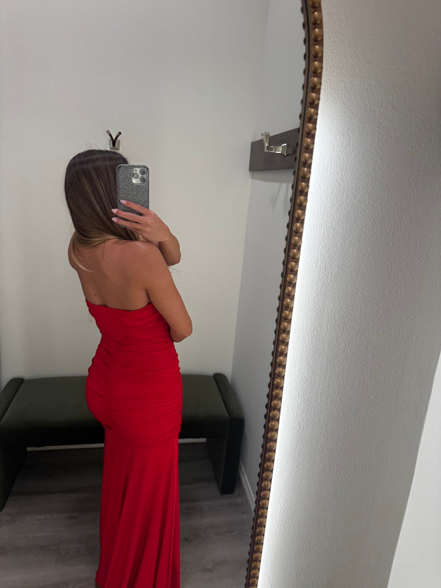 Red Ruched Midi Dress