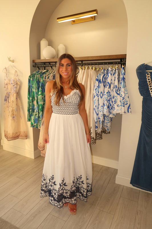 Floral Smocked Navy Midi Dress