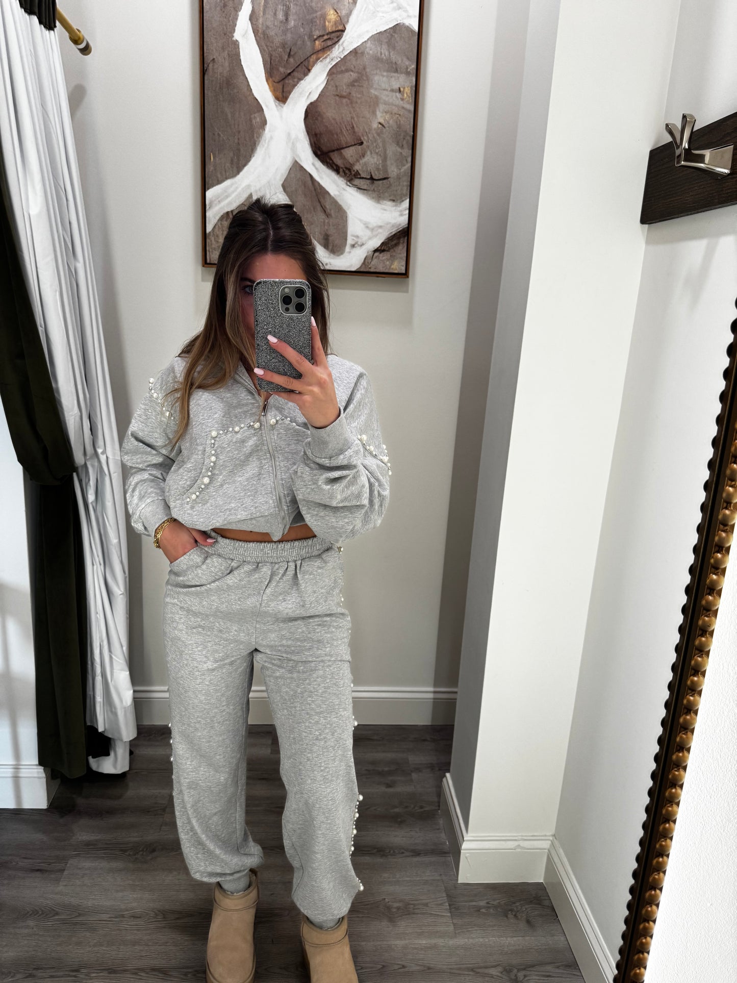 Gray Pearl Embellished Joggers