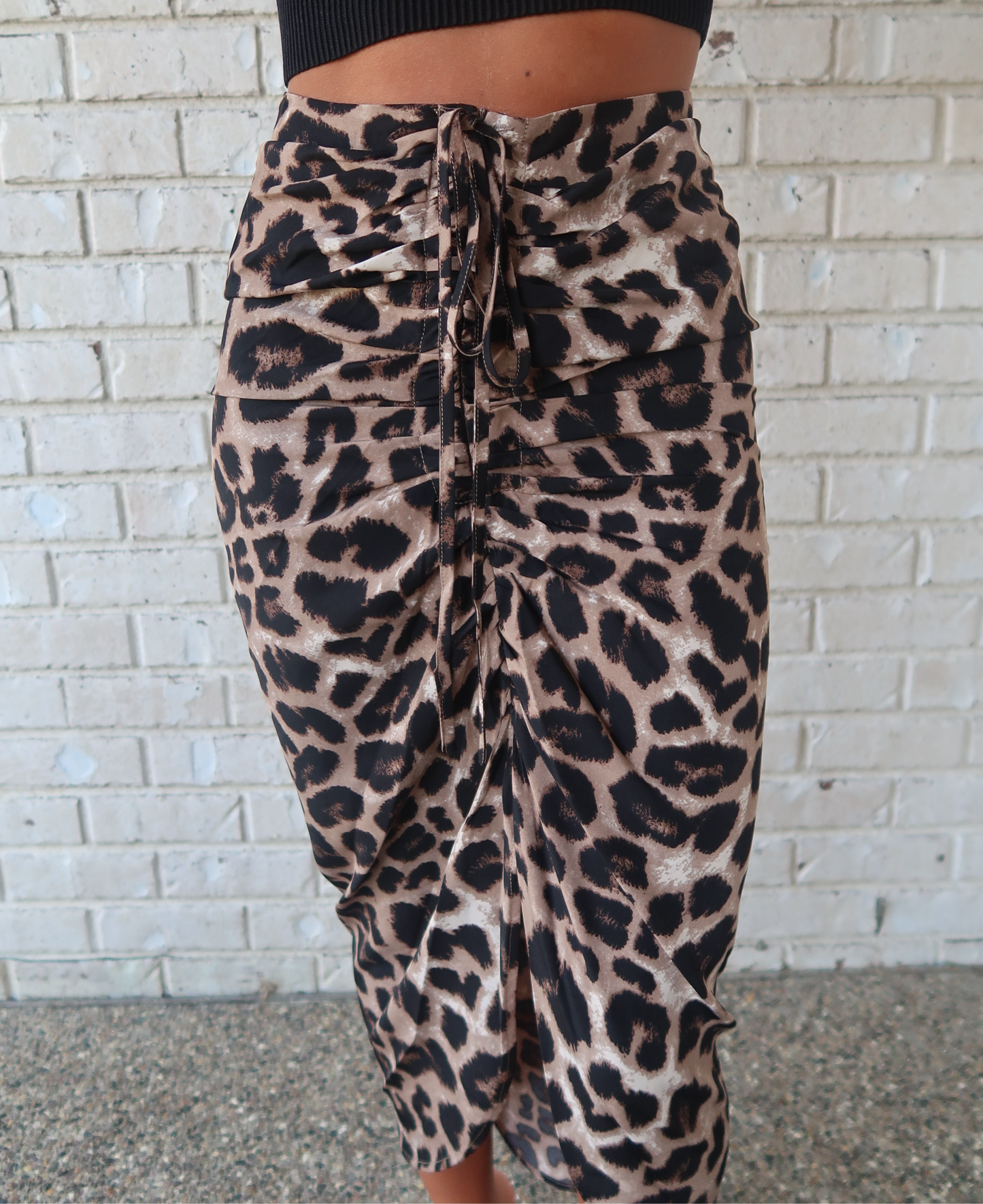 Leopard Print Ruched Midi Skirt