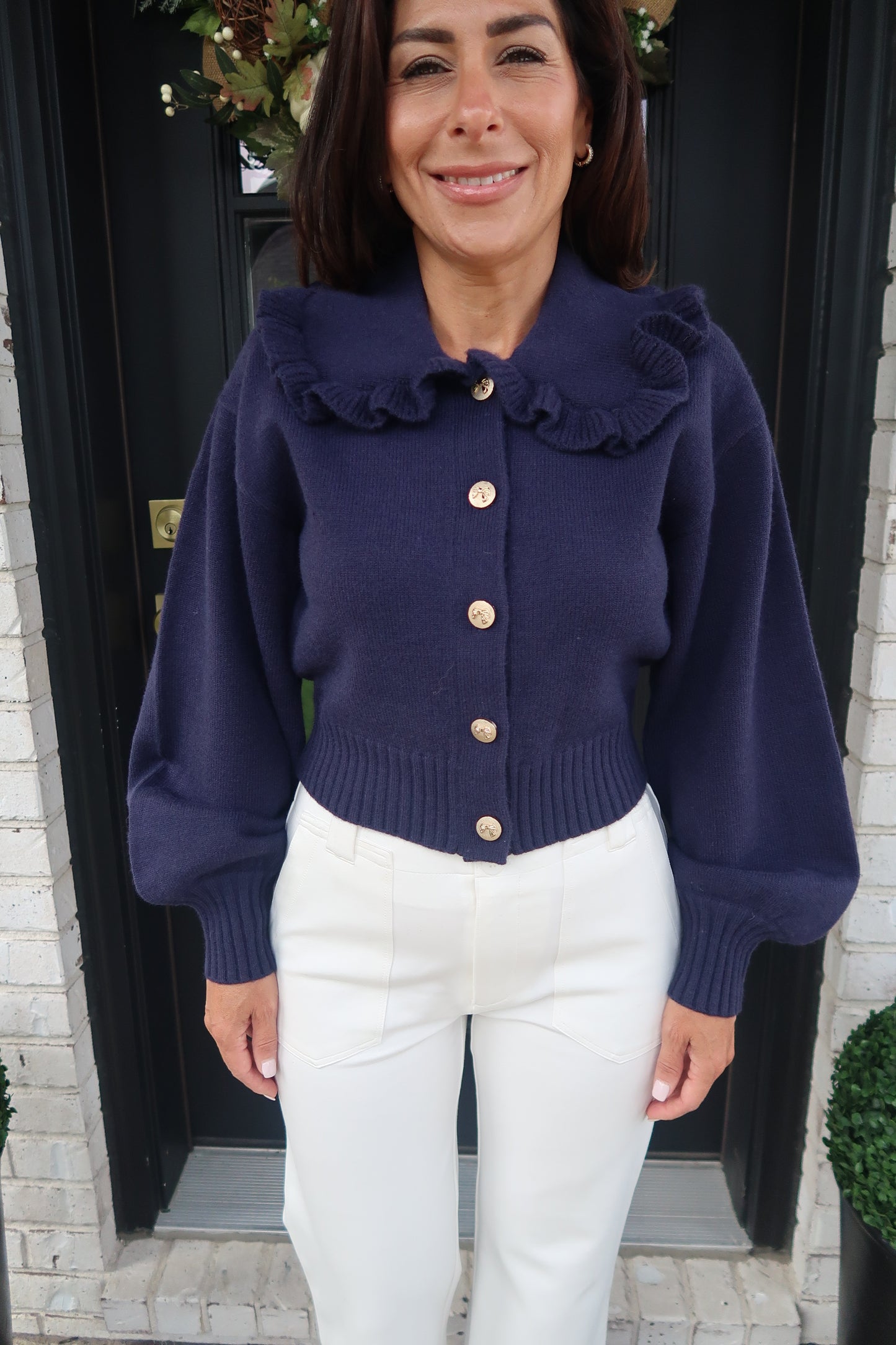 Ruffle Collared Cardigan - Navy