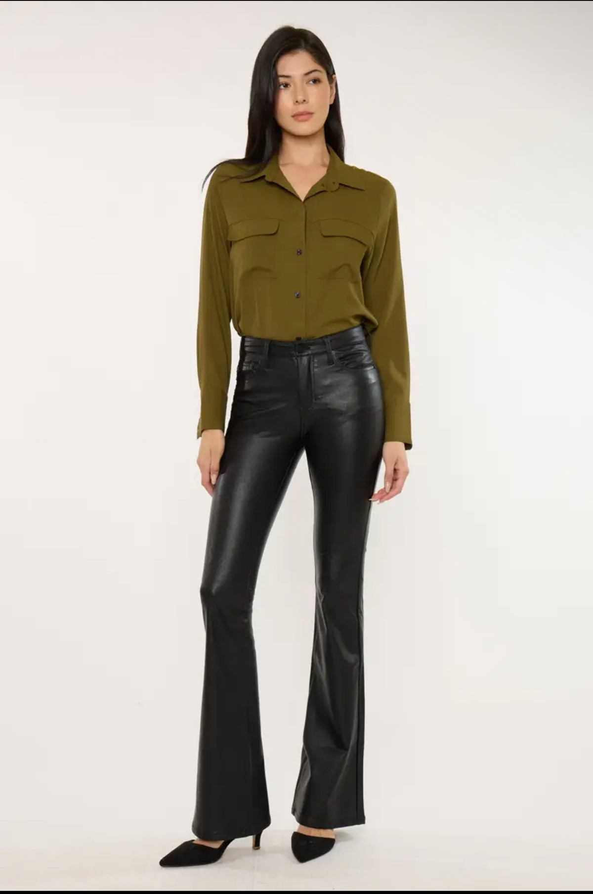Vegan Leather Mid Rise Flare Pants