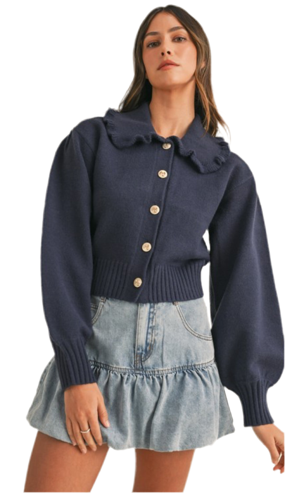 Ruffle Collared Cardigan - Navy