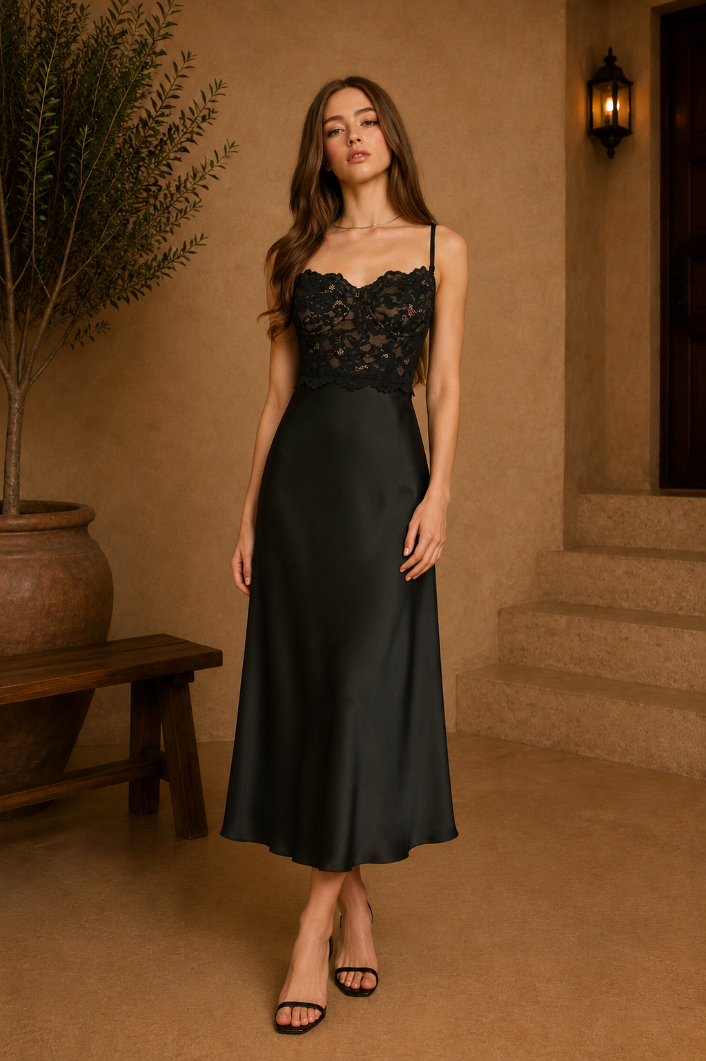 Black Lace Satin Corset Midi Dress