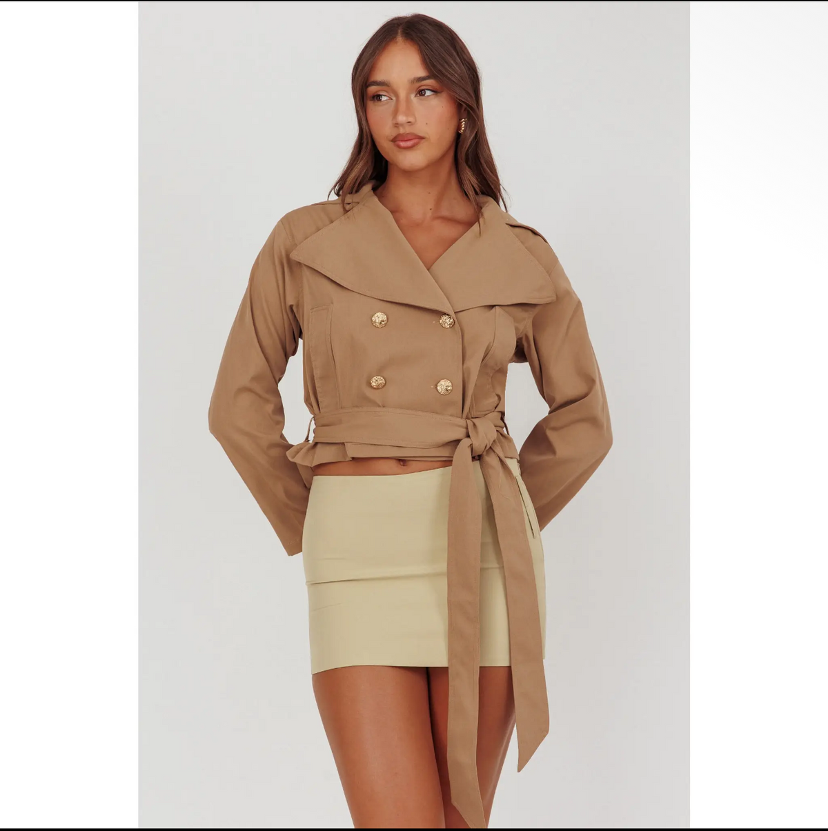 Beige Belted Crop Jacket