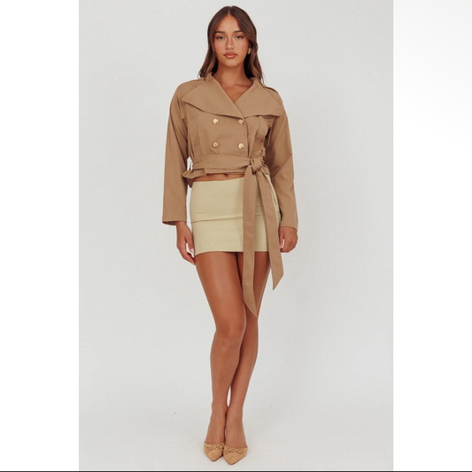 Beige Belted Crop Jacket